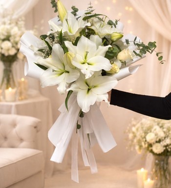 Lilyumbuketi, kazablankabuketi, beyazlilyumlar, istemeçiçeği