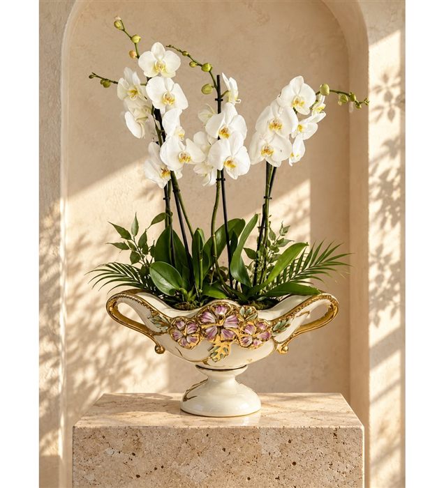 Fleur de Porcelaine – Özel Porselen Saksıda 4 Dal Beyaz Orkide