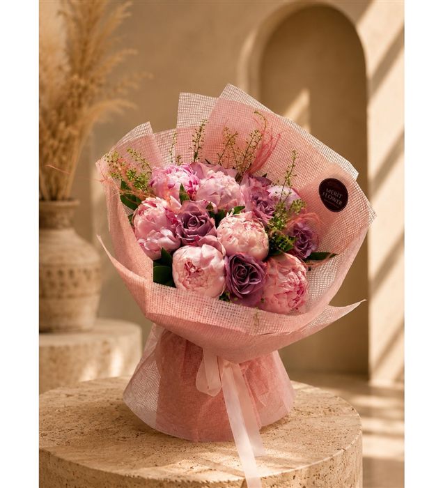 Pink Peony & Lila Gül Buketi | Premium Şakayık Buketi